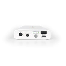 Load image into Gallery viewer, input and output ports on the side of the Zopec Explore Mini battery also showing power button, USB-C and USB-A