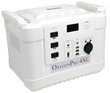 Load image into Gallery viewer, White portable oxygen concentrator battery with multiple ports and displays, labeled 'OxygenPro 4XL'.