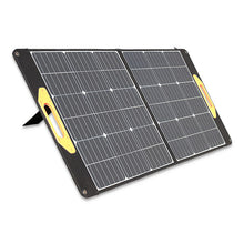 Load image into Gallery viewer, A foldable portable solar charger with black solar panels and yellow trim.