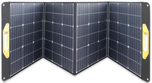 Load image into Gallery viewer, A large, foldable solar charger with black solar panels and yellow accents on the edges.