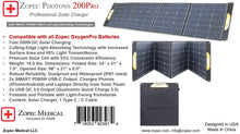Load image into Gallery viewer, Zopec Photons 200 Pro solar charger with specifications and branding details.